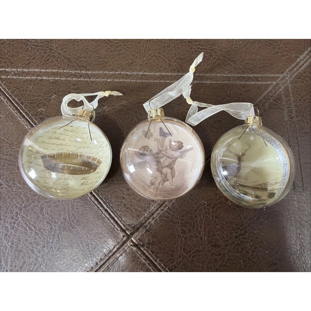 John Derian Glass Globe Ornaments Set Of 3 Cherub Deer Crown Christmas Holiday